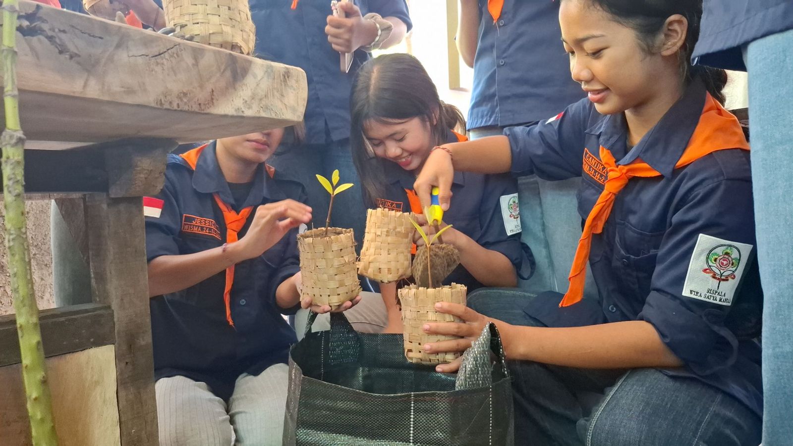 Students holding mangrove seedlings during an education program